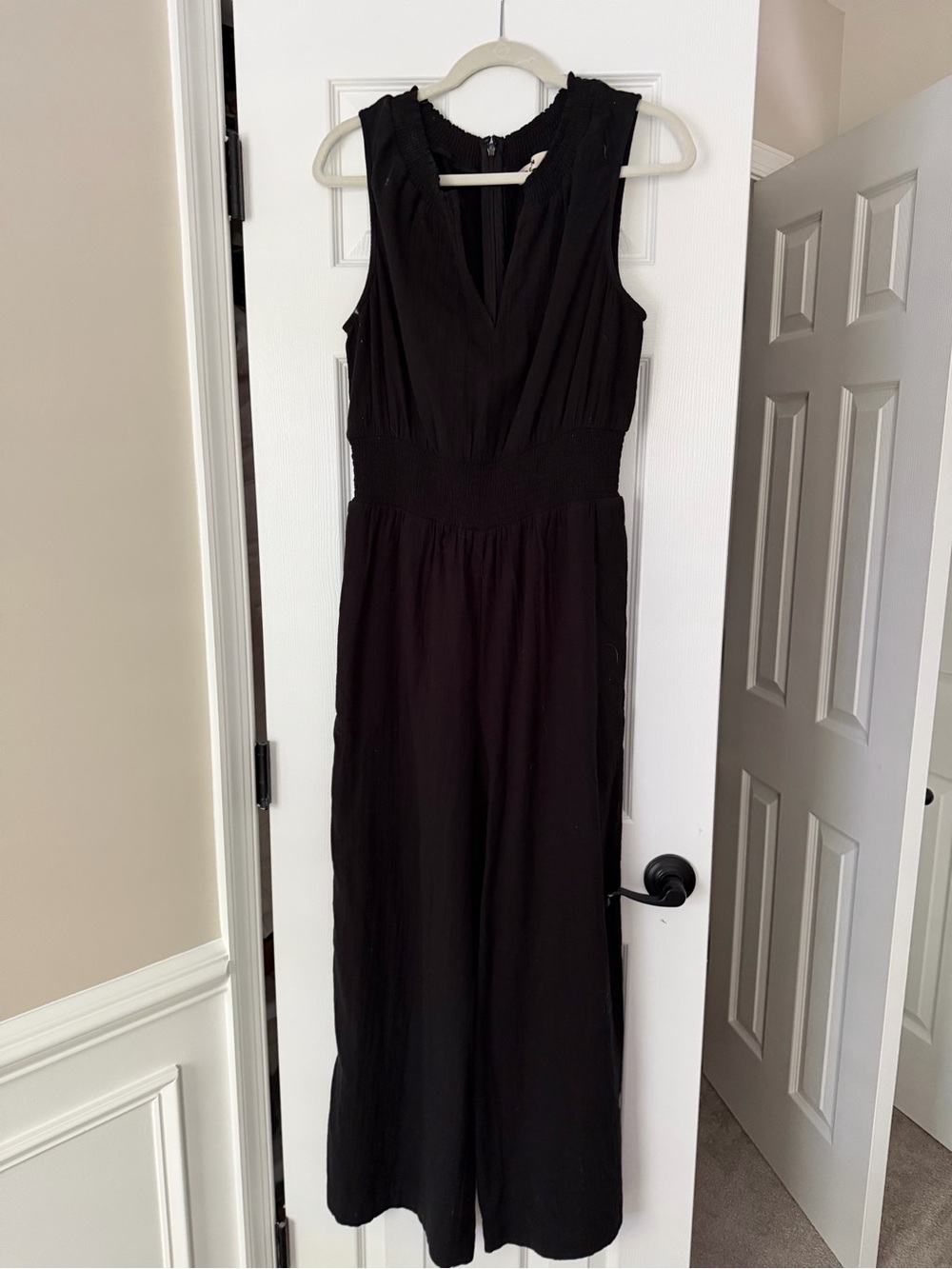 Sleeveless Black Gauze jumpsuit with Smocked Waist
